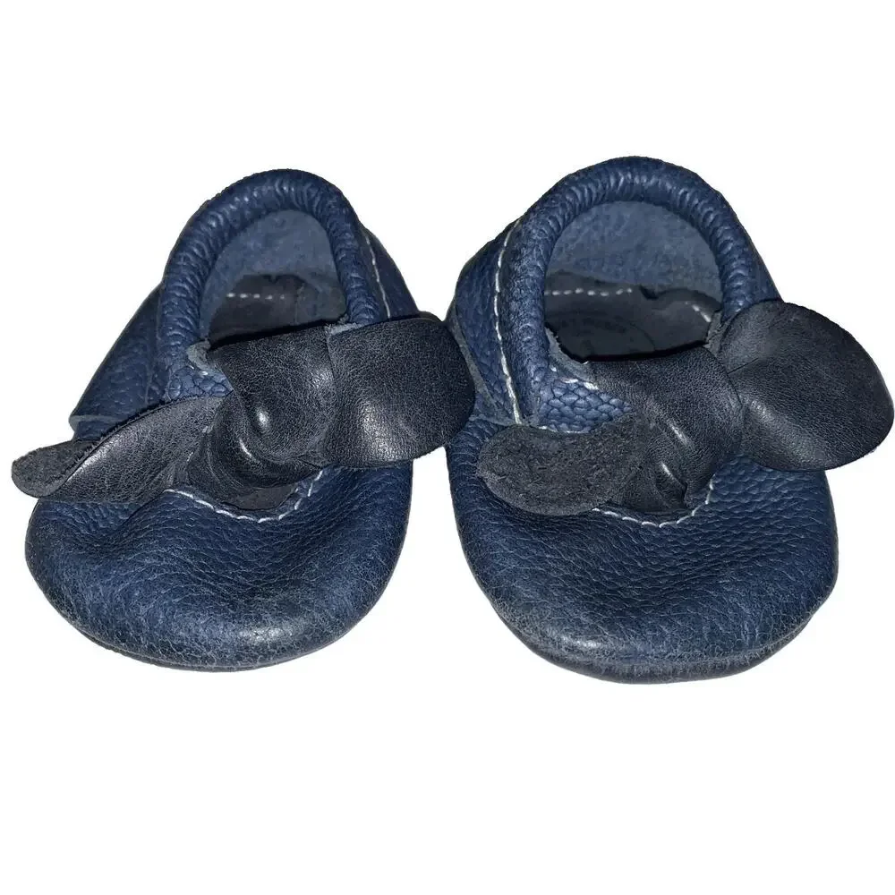 Freshly Picked Baby Moccasins Size 1 Navy Blue Leather Bow Shoes